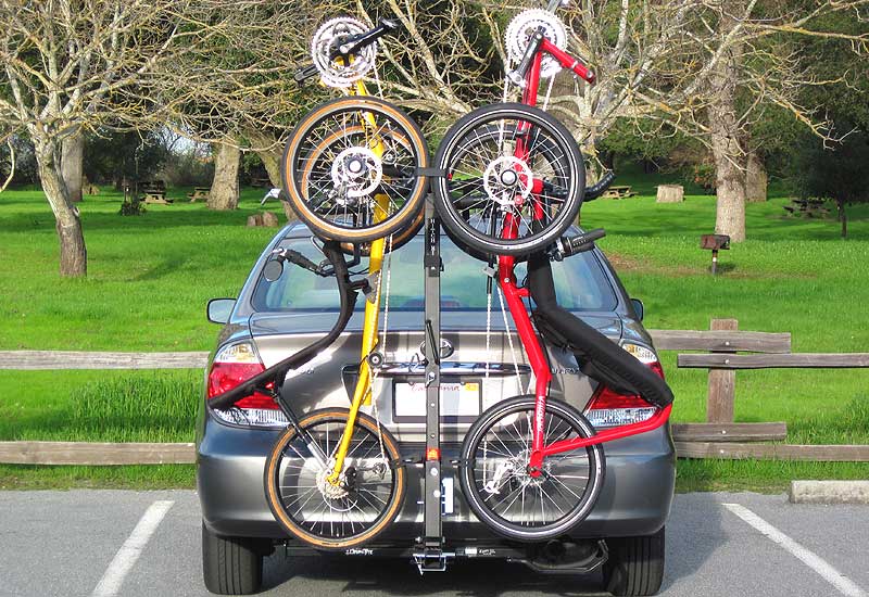 Vertical double trike carrier mounted on car receiver hitch
